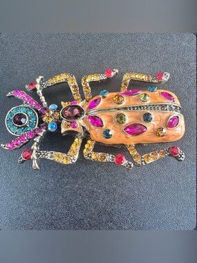 Vintage Orange Enameled Beetle Brooch w/Colorful Rhinestones